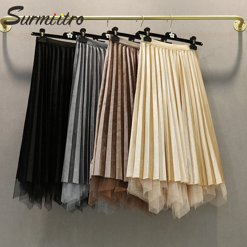 Surmiitro Autumn Winter Velvet And Tulle Reversible Pleated Long Skirt Women 2019 Lady Korean High Waist Midi Skirt Female 
Surmiitro Autumn Winter Velvet And Tulle Reversible Pleated Long Skirt Women 2019 Lady Korean High Waist Midi Skirt Female