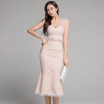 

New Arrivals Summer Two Piece Set Women Sleeveless Slim Sexy Tops And Lace Patchwork Pink Skirt Elgants Korean Office Lady Suit