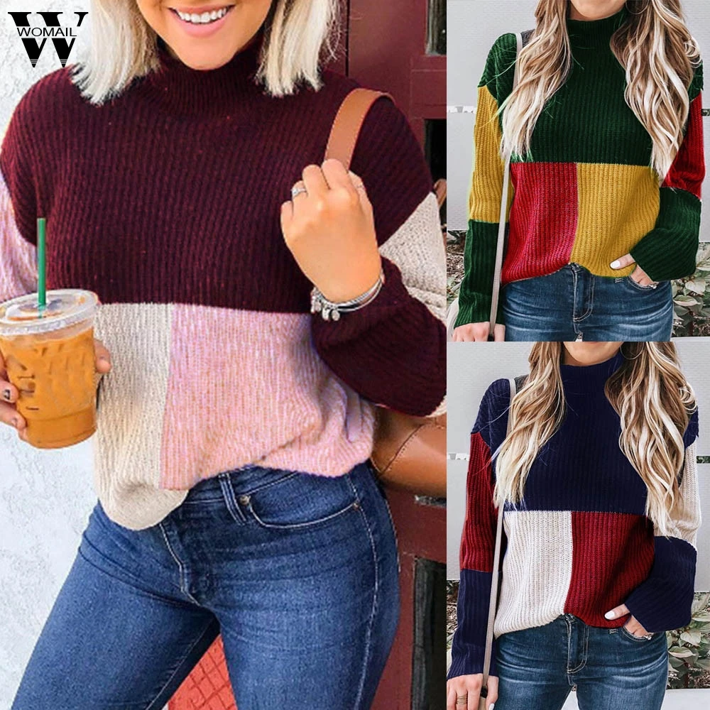 

Womail Women's Turtleneck Sweater Colorblock Stand Long Sleeve Knitted Sweater Jumper Pullover Top sweters women S/M/L/XL