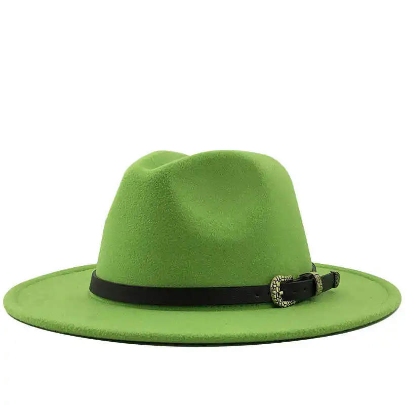 

Men Women Hot Wide Brim Wool Felt Fedora Panama Hat with Belt Buckle Jazz Trilby Cap Party Formal Top Hat In Pink,green 56-60CM