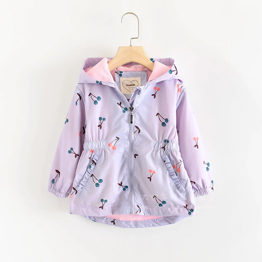 0726-07 2019 Autumn New Style Cherry Printed Girls Clip Thin Cashmere Zipper Hoodle Trench Coat
