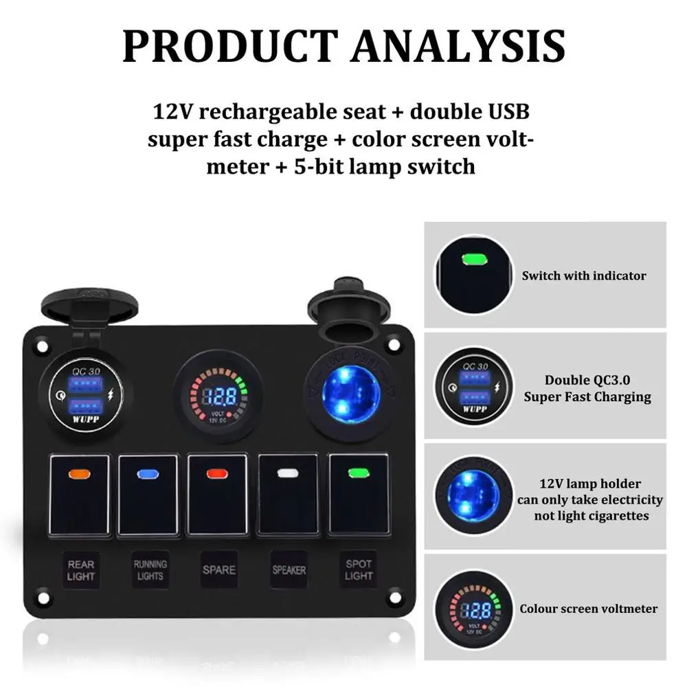 Dual USB Fast Charging Digital Voltage Meter with Lamp Cigarette Lighter Socket for Auto Yacht Multifunctional Switch Panel
Dual USB Fast Charging Digital Voltage Meter with Lamp Cigarette Lighter Socket for Auto Yacht Multifunctional Switch Panel