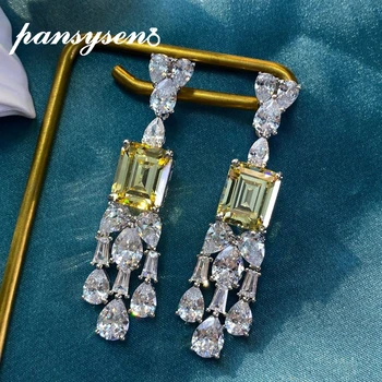 

PANSYSEN 100% 925 Silver Emerald Cut Created Moissanite Citrine Gemstone Tassel Dangle Drop Earrings Cocktail Party Fine Jewelry