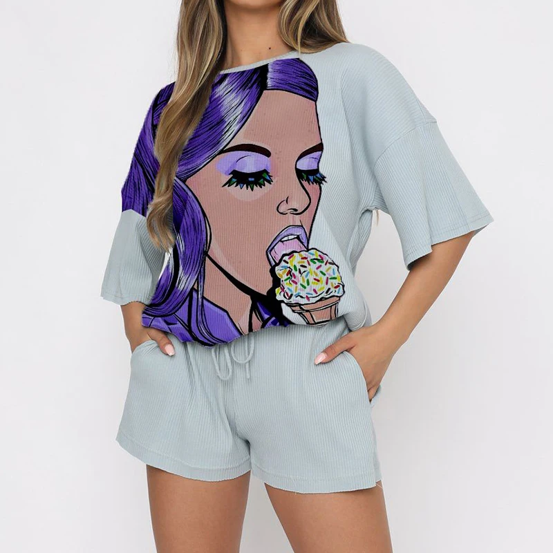 Streetwear Outfit Harajuku Women Cartoon Shirt Short Sleeve Chic Print Plus Sweatpants Set JKP4728