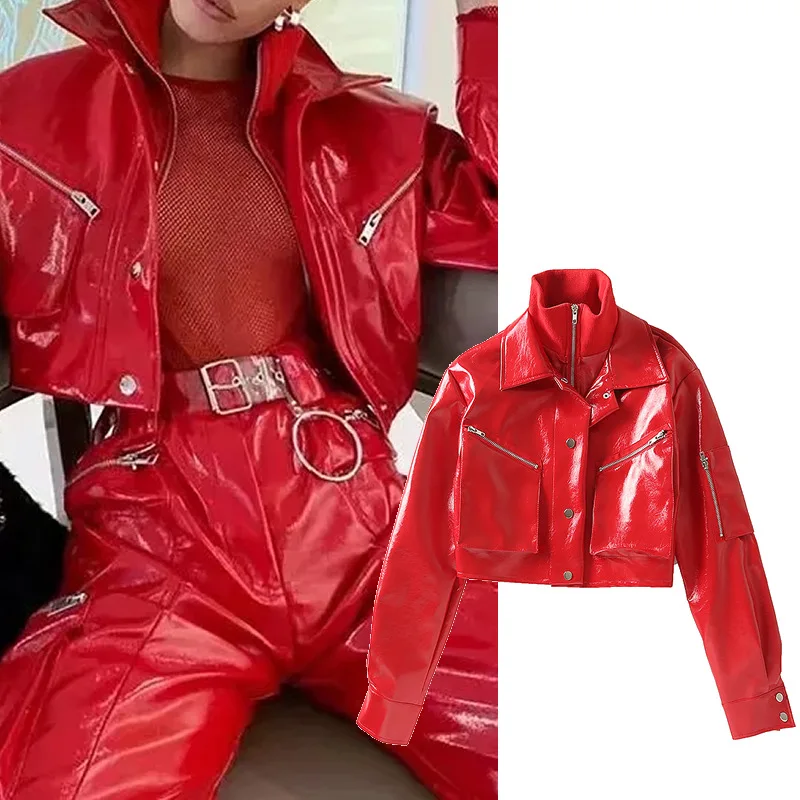 Leather jacket casual female new fashion red loose collar patent leather zipper pocket leather motorcycle short jacket
Leather jacket casual female new fashion red loose collar patent leather zipper pocket leather motorcycle short jacket