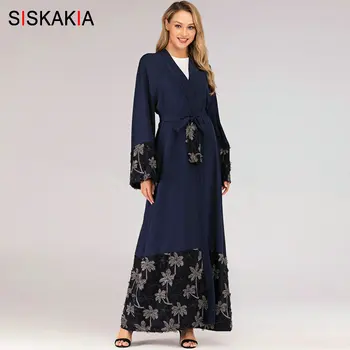 

Siskakia Muslim Open Abaya Dress Royal Blue Elegant Muslimah Jilbab Fashion Mesh Patchwork Embroidery Arabian Dubai Robes 2019