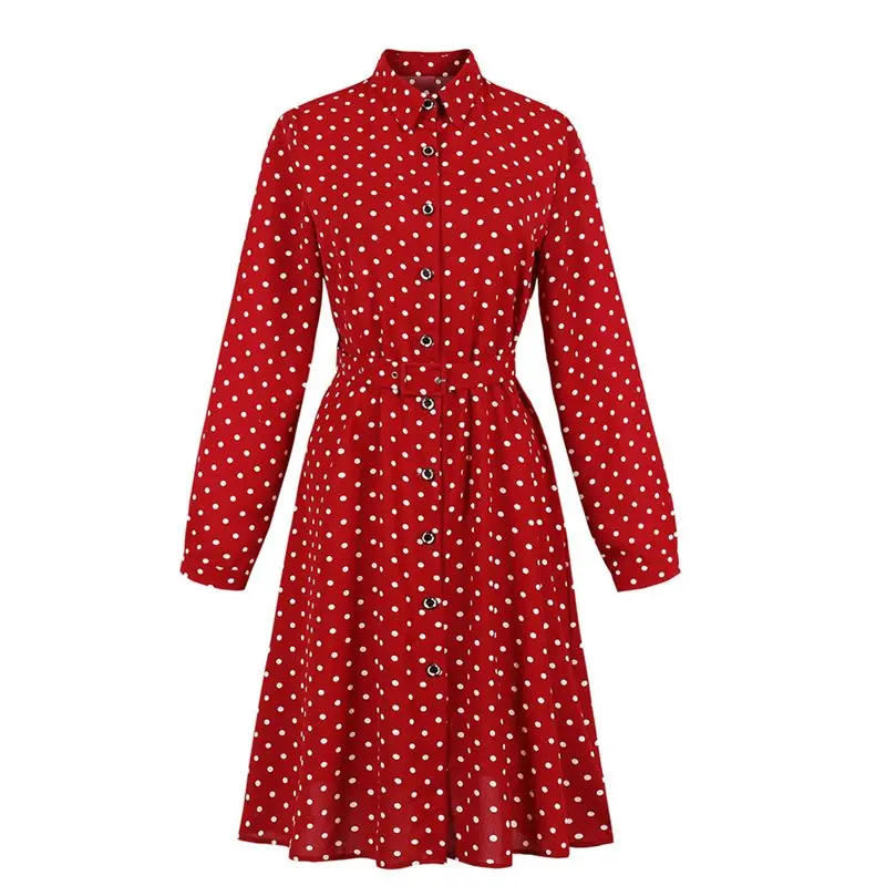 Фото Sisjuly retro women A-line Shirt dress red vintage Polo neck Matching Belt elegant polka dot Boho Vacation Casual | Женская одежда