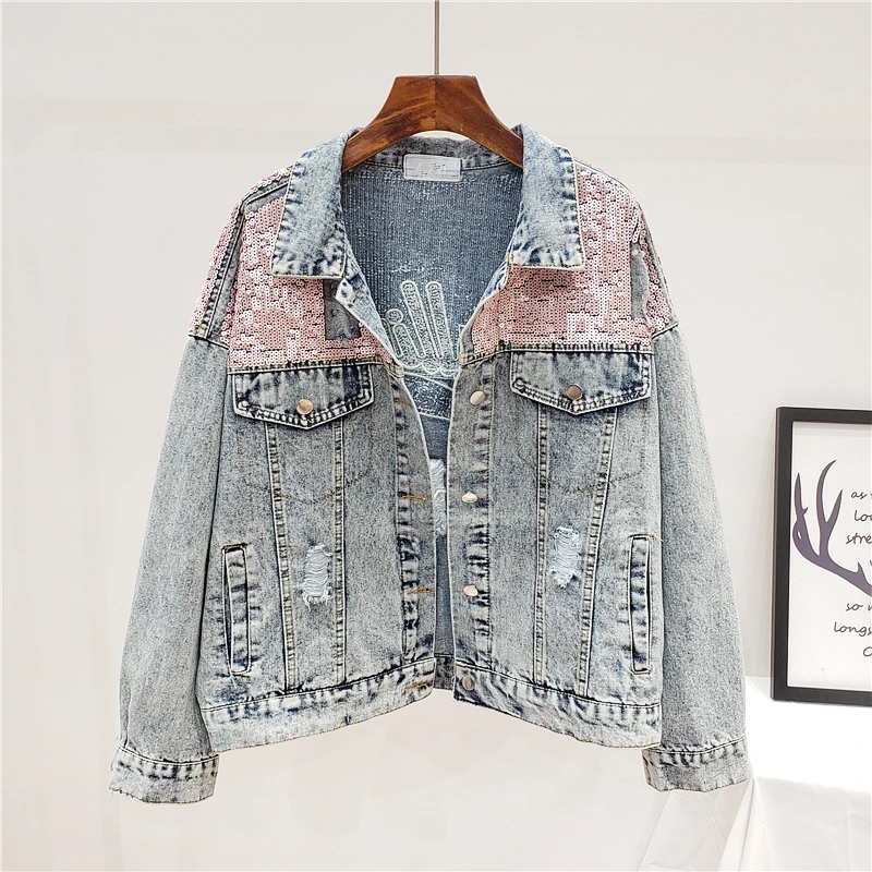 Фото Женская джинсовая куртка с блестками винтажная Свободная дырками и надписями