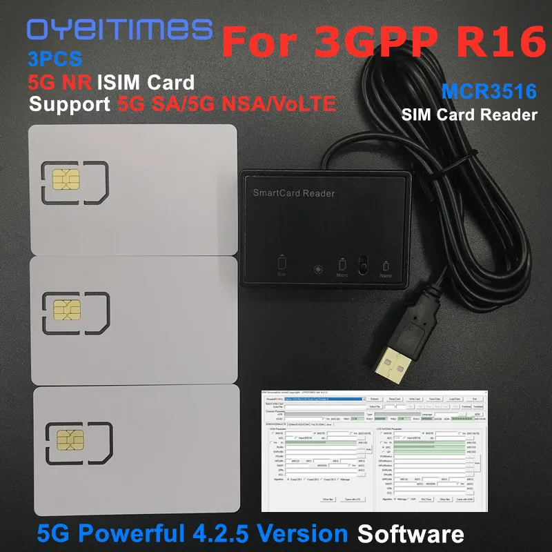 OYEITIMES 3 шт. программируемый 5G NR 3GPP R16 SA/НСА ISIM карта бланковая карт + MCR3516 кард-ридер