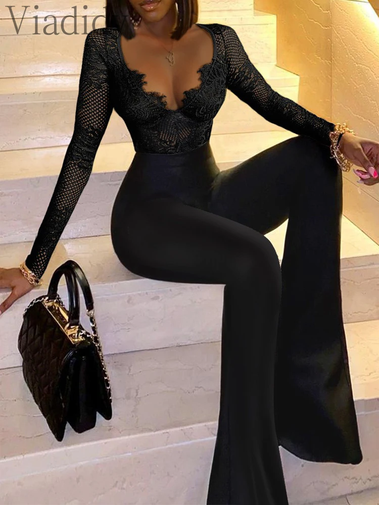 Women Sexy Club Outfits for Women Eyelash Lace Hollow Out Flare Leg Skinny Jumpsuit
Women Sexy Club Outfits for Women Eyelash Lace Hollow Out Flare Leg Skinny Jumpsuit