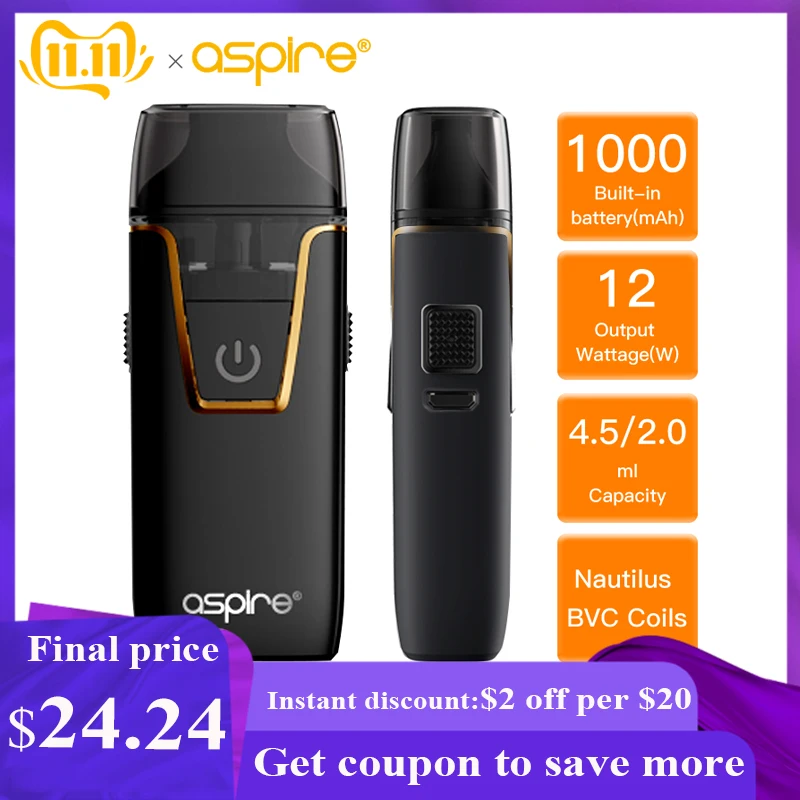 

Electronic Cigarette Aspire Nautilus AIO vape kit 4.5/2ml Atomizer Pod BVC 1.8ohm Coil Nic Salt Built-in 1000mAh battery Vaper