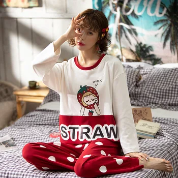 Hot-selling Round Neck Pijama Sexy Mujer Pullover Cute Long-sleeved Pajamas Women's Comfortable and Simple Home Two-piece Autumn 
Hot-selling Round Neck Pijama Sexy Mujer Pullover Cute Long-sleeved Pajamas Women's Comfortable and Simple Home Two-piece Autumn