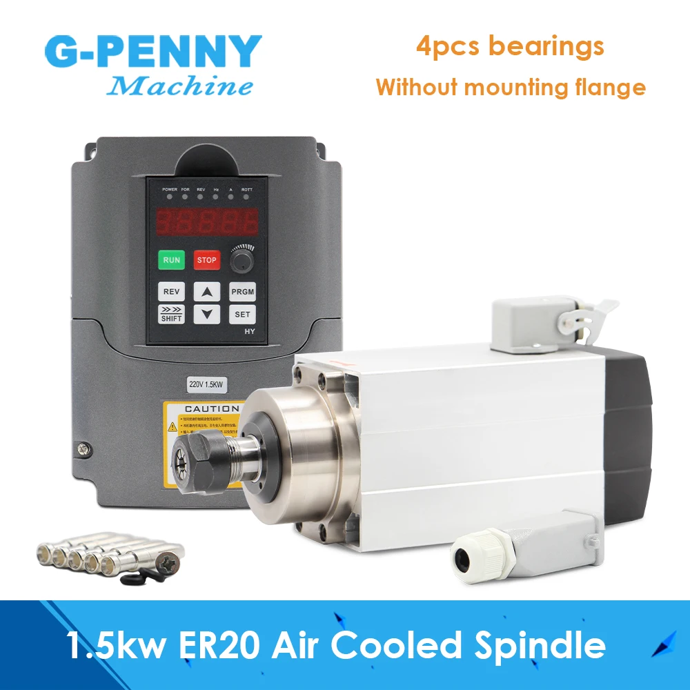 1.5kw ER20 square type spindle air cooled spindle motor 4 pcs bearings 0.01mm accuracy & 1.5kw HY inverter/VFD
1.5kw ER20 square type spindle air cooled spindle motor 4 pcs bearings 0.01mm accuracy & 1.5kw HY inverter/VFD