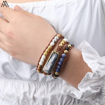 Natural Blue Kyanite Slab Charms Beads Leather Wrap Bracelet Women 6mm Round Stone Beads 3 Layers Braid Boho Bracelet N0430AMBH
Natural Blue Kyanite Slab Charms Beads Leather Wrap Bracelet Women 6mm Round Stone Beads 3 Layers Braid Boho Bracelet N0430AMBH