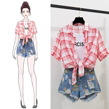 2020 Female Summer Short Sleeve Two Piece Korea Cloth Plaid Shirt Print Jean Shorts Women's Casual Sets 
2020 Female Summer Short Sleeve Two Piece Korea Cloth Plaid Shirt Print Jean Shorts Women's Casual Sets