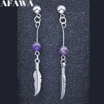 2020 Natural Purple Crystal Stainless Steel Earring Women Fashion Silver Color Small Long Feather Earrings Jewelry aretes EXS02 
2020 Natural Purple Crystal Stainless Steel Earring Women Fashion Silver Color Small Long Feather Earrings Jewelry aretes EXS02