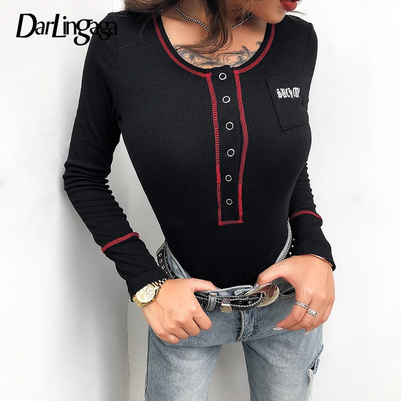 

Darlingaga Casual Black Knitted Autumn Bodysuit Women Long Sleeve Line Body Jumpsuit Romper Buttons Letter Skinny Bodysuits Tops