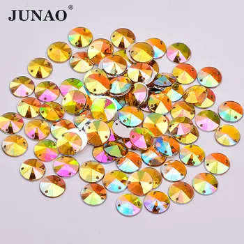 

JUNAO 500pcs 10mm Yellow AB Round Rivoli Crystal Sew On Rhinestones Flatback Acrylic Strass Sewing Crystal Stones for Garment