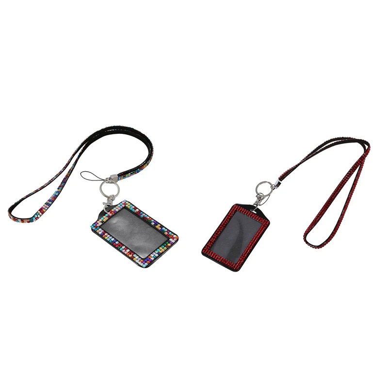 2 Pcs Rhinestone Bling Crystal Custom Lanyard Vertical ID Badge Holder, Red & Multicolor