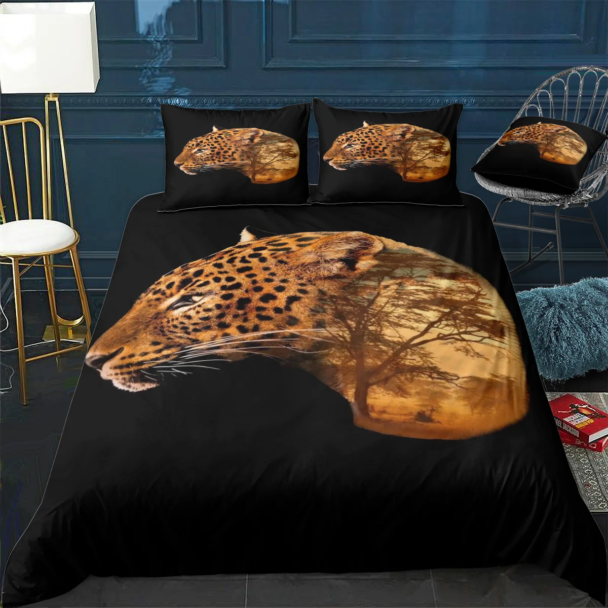 Фото Комплект постельного белья из 3 предметов с покрывалом и наволочкой леопардовым