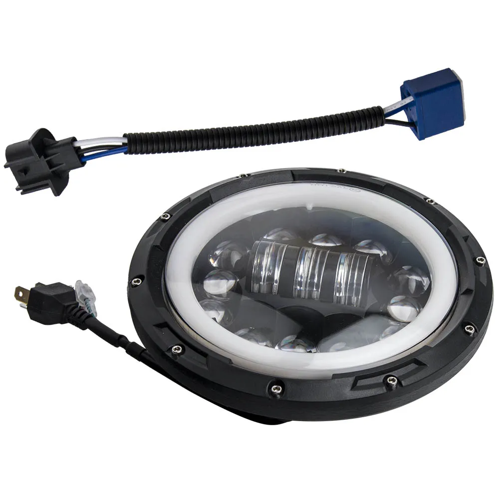 

Black Round LED Headlight Hi Lo Beam with Halo DRL For Jeep Wrangler For Cherokee