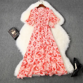 Women floral print chiffon summer dress 2020 new short sleeve ruffles diamonds beading V-neck elegant midi dresses pink green
Women floral print chiffon summer dress 2020 new short sleeve ruffles diamonds beading V-neck elegant midi dresses pink green
