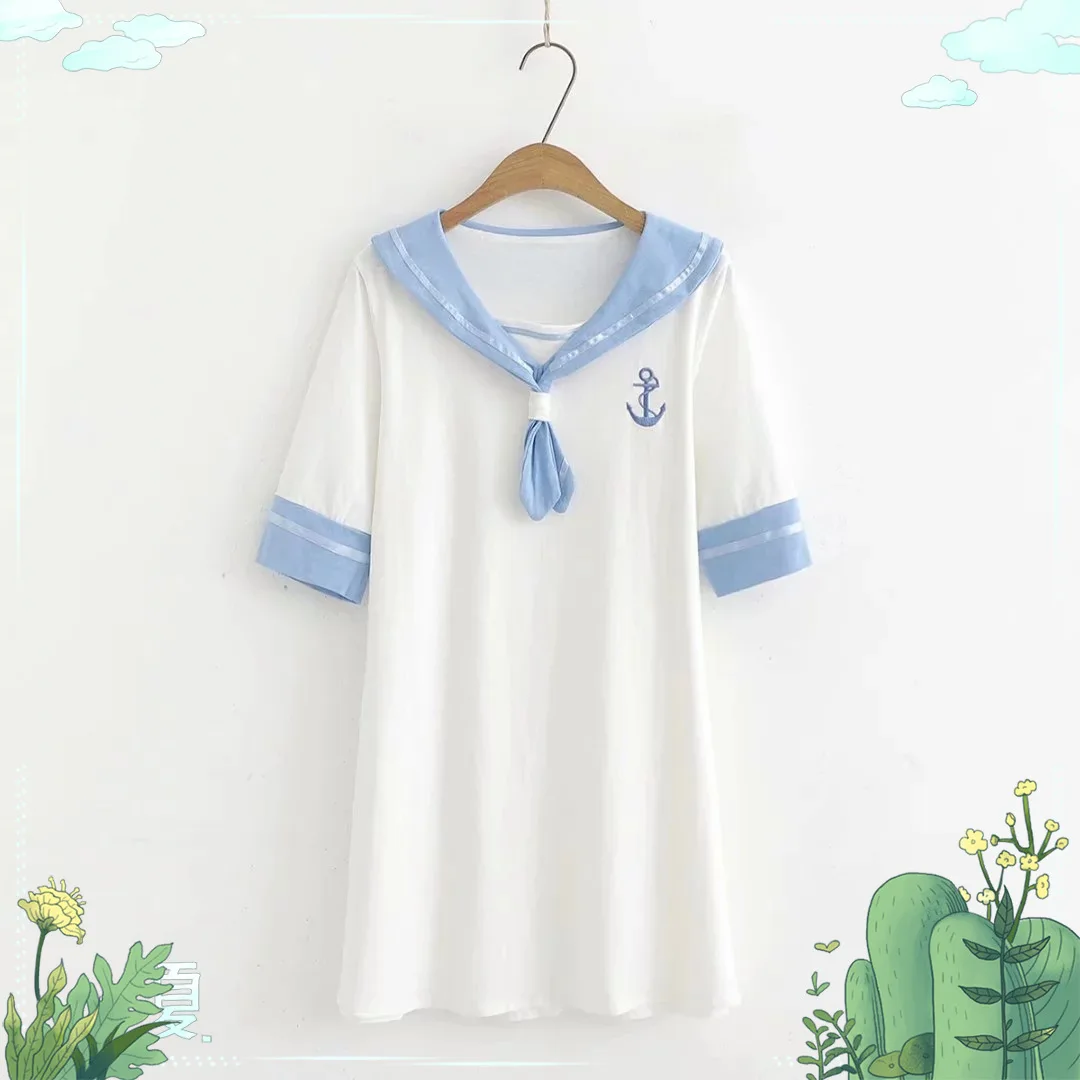 Japanese-style Mori Girl Line 19 Summer New Style Sweet Versatile Navy Collar Boat Anchor Embroidered Bowtie Short-sleeve Dress 
Japanese-style Mori Girl Line 19 Summer New Style Sweet Versatile Navy Collar Boat Anchor Embroidered Bowtie Short-sleeve Dress