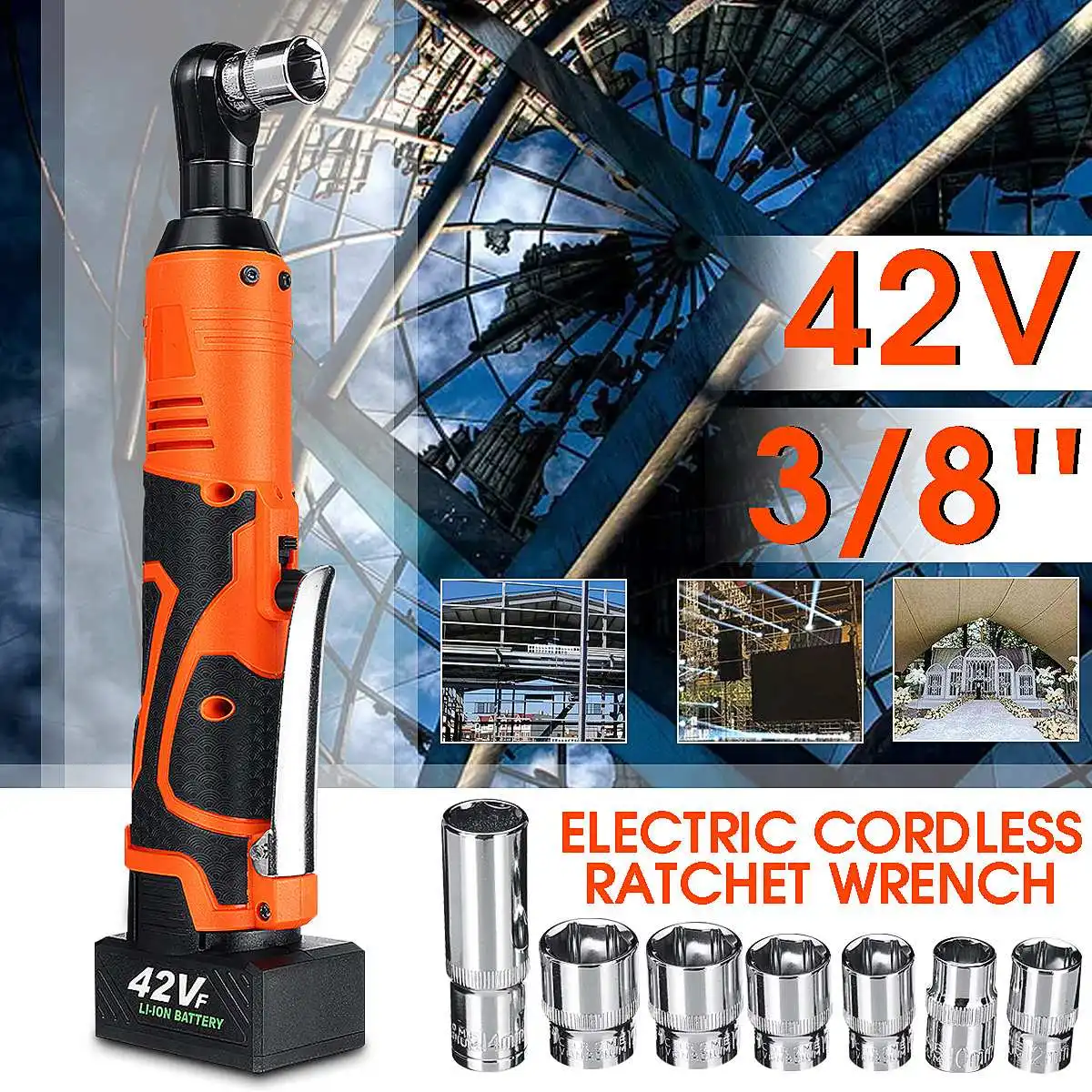 Electric Wrench 3/8" 42V 90N.m Cordless Ratchet Angle Wrenches Rechargeable With 7Pcs Ratchet Wrench Socket Adapter LED Light