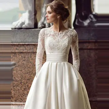Modest Long Sleeve Wedding Dress 2020 Scoop Satin Appliqued A-line Bridal Gown with Pockets
Modest Long Sleeve Wedding Dress 2020 Scoop Satin Appliqued A-line Bridal Gown with Pockets