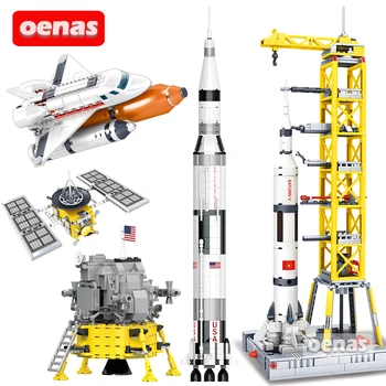 City Space Shuttle nasaed Saturn V Lunar Module lander Spaceport Rocket Airplane MOC Model Building Block Bricks Boy Toys Gift