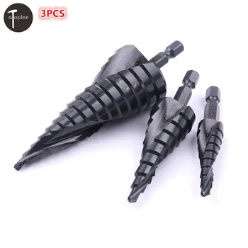 Professional 3PCS HSS Spiral Grooved Stepped Drills 4-12mm,4-20mm,4-32mm Hex Shank Nitriding Black Conical Cone Power Drill
Professional 3PCS HSS Spiral Grooved Stepped Drills 4-12mm,4-20mm,4-32mm Hex Shank Nitriding Black Conical Cone Power Drill