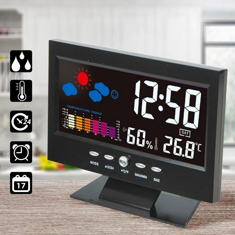 Indoor Thermometer Hygrometer Alarm LCD Digital Clock Calendar Weather Station Desk Clock Temperature Humidity Meter Barometer
Indoor Thermometer Hygrometer Alarm LCD Digital Clock Calendar Weather Station Desk Clock Temperature Humidity Meter Barometer
