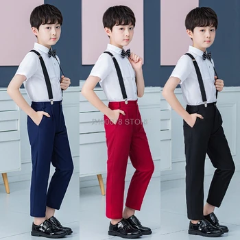 

Gentleman Kids Prince Strap Shirt Pants Bowtie 4Pcs Dress Flower Boys Formal Wedding Suit Girls Piano Performance Costume