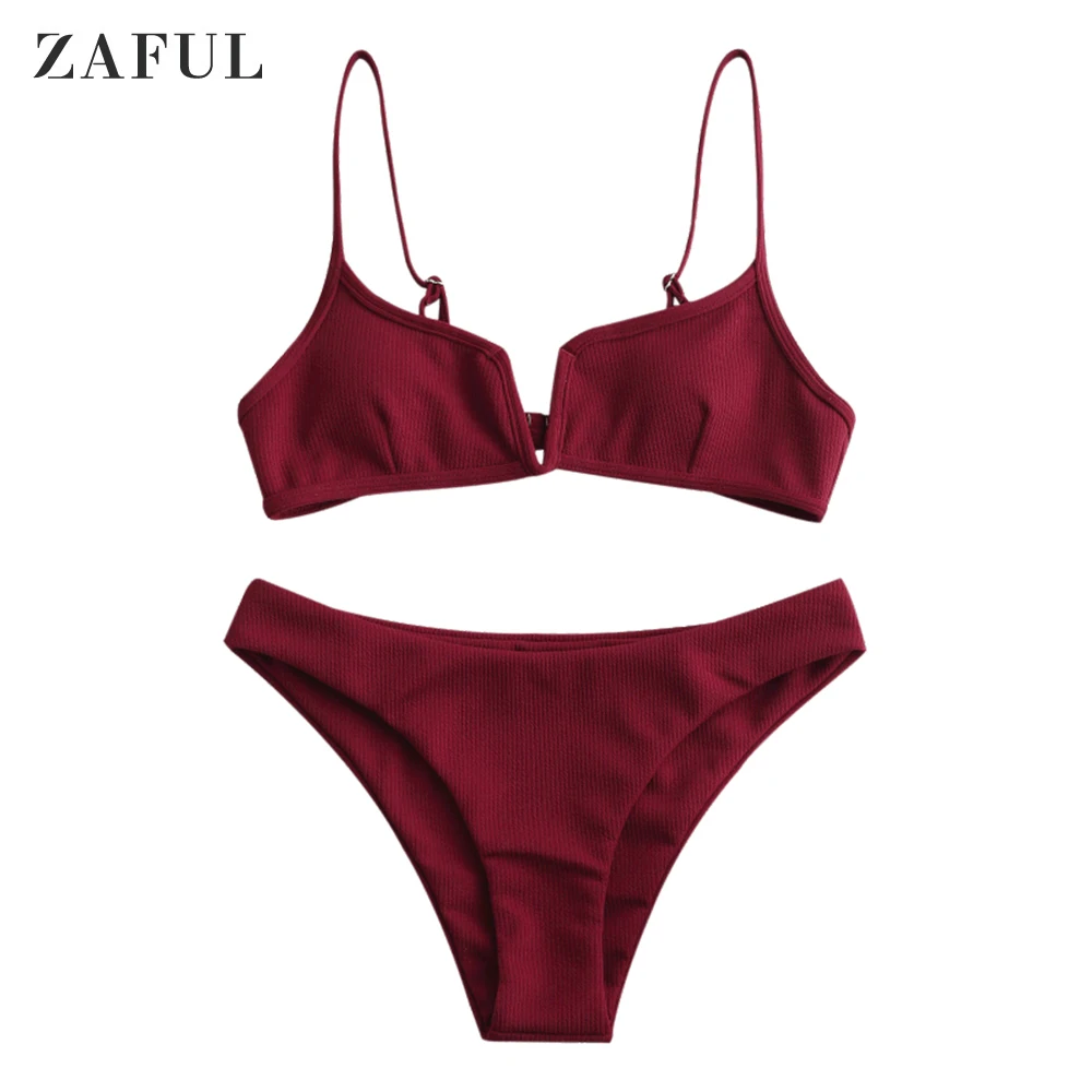 

ZAFUL Women Ribbed V Cut Bikini Set Solid Color Cami Bikinis Spaghetti Straps Two Pieces Swimsuits Padded Ladies Swimwear Summer