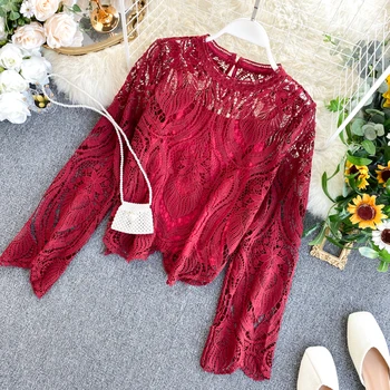 Lace-bottomed Shirts for Women Autumn and Winter Round Neck Hollow-out Long Sleeve Korean Loose-fitting Outerwear Blouse K727 
Lace-bottomed Shirts for Women Autumn and Winter Round Neck Hollow-out Long Sleeve Korean Loose-fitting Outerwear Blouse K727