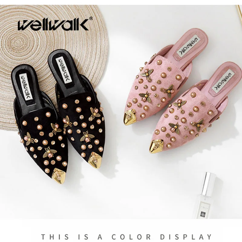 Women Bee Shoes Crystal Pearl Mules Ladies Flat Shoes Pointed Toe Slipper Metal Cap Open Back Moccasins Female Fashion loafers
Women Bee Shoes Crystal Pearl Mules Ladies Flat Shoes Pointed Toe Slipper Metal Cap Open Back Moccasins Female Fashion loafers