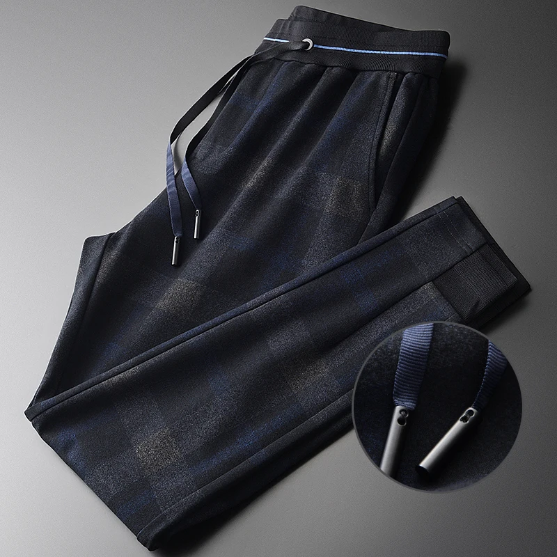 

Yarn-dyed Plaid Mens Luxury Autumn Combined Fabric Elastic Waist Men Plus Size 4xl Slim Fit Sport Pants Man