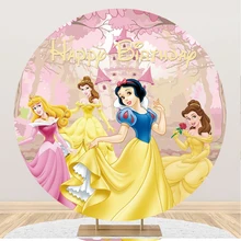 

Disney Princess Party Decor Backdrop Photocall Customizable Name Birthday Baby Family Round Portrait Background Photography