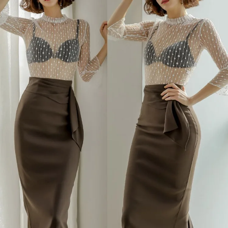0799 # New Style Two-Piece Set Korean-style Elegant Slim Fit Debutante Transparent Tops Waist Hugging Sheath Skirt WOMEN'S Suit
0799 # New Style Two-Piece Set Korean-style Elegant Slim Fit Debutante Transparent Tops Waist Hugging Sheath Skirt WOMEN'S Suit