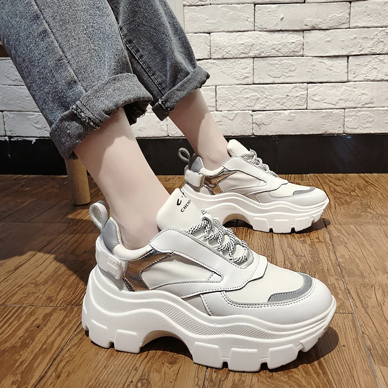 White Black High Platform Sneakers 