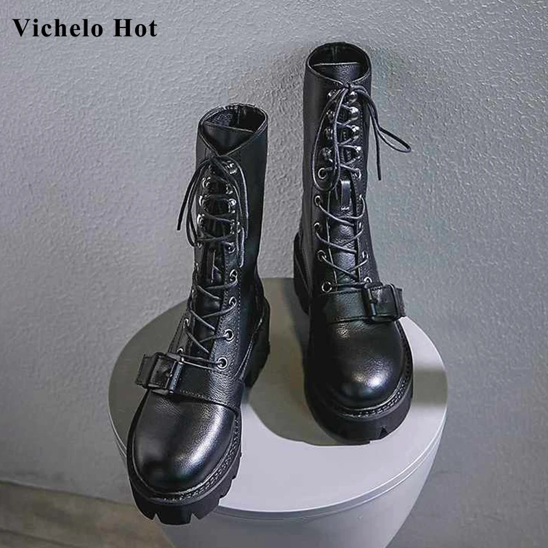Vichelo Hot motorcycles boots buckle straps genuine leather round toe high heels lace up keep warm cool women mid-calf boots L38
Vichelo Hot motorcycles boots buckle straps genuine leather round toe high heels lace up keep warm cool women mid-calf boots L38