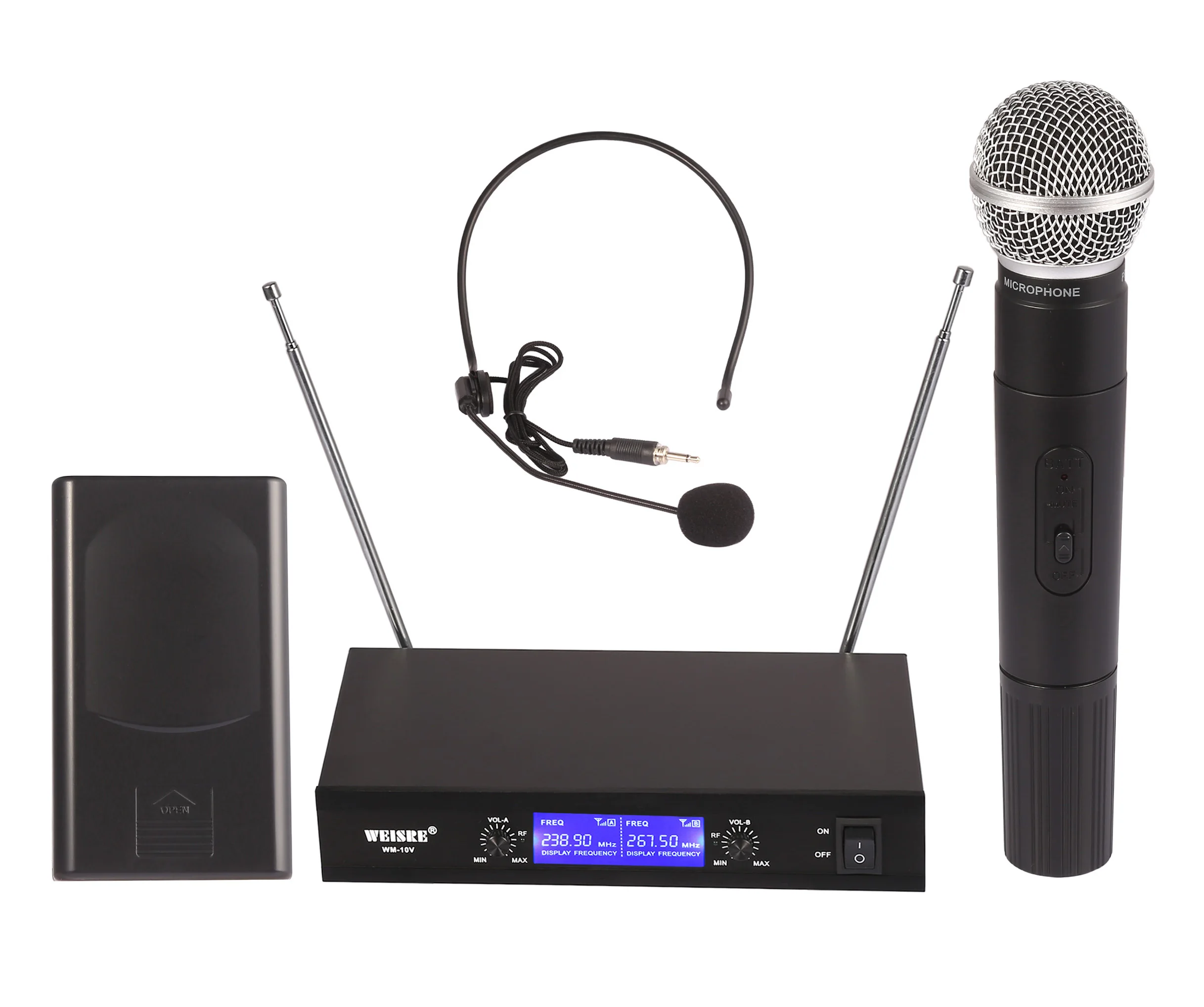 WEISRE Professional Wireless VHF Microphone System with 1 Handheld Mic 1 Headset Mic 1 Receiver for Karaoke Business Meeting
WEISRE Professional Wireless VHF Microphone System with 1 Handheld Mic 1 Headset Mic 1 Receiver for Karaoke Business Meeting