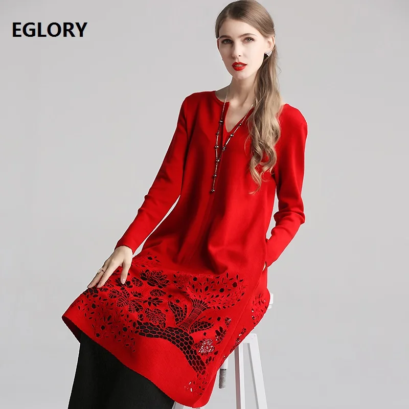 Top Quality New 2019 Autumn Winter Wool Sweater Dress Women V-Neck Hollow Out Embroidery Long Sleeve Red Black Knitted Dress 4XL
Top Quality New 2019 Autumn Winter Wool Sweater Dress Women V-Neck Hollow Out Embroidery Long Sleeve Red Black Knitted Dress 4XL