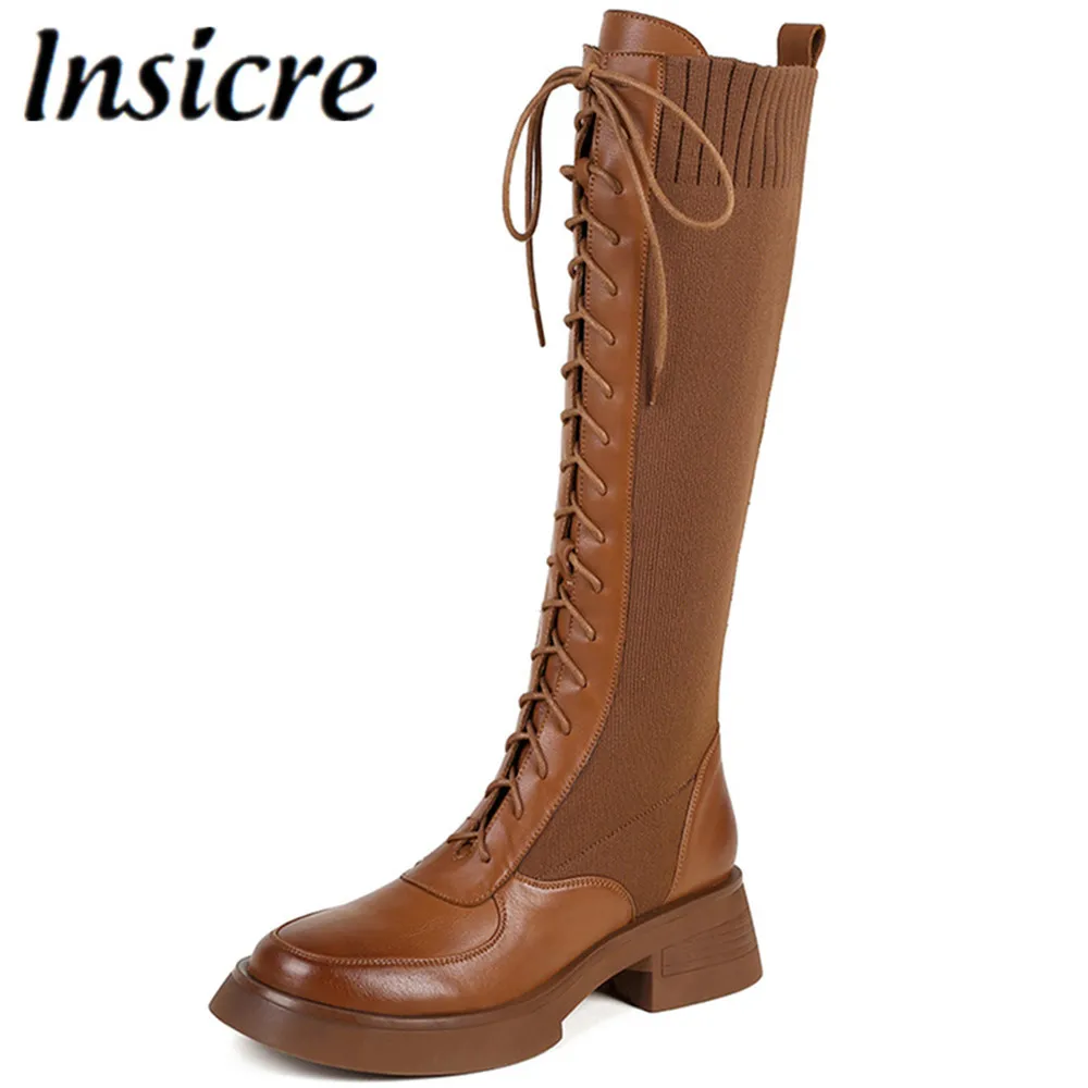 

Insicre 2021 Genuine Leather Knitting Patchwork Knee High Boots Autumn Winter Women Riding Motorcycle Cross Tied Thick Heel Shoe