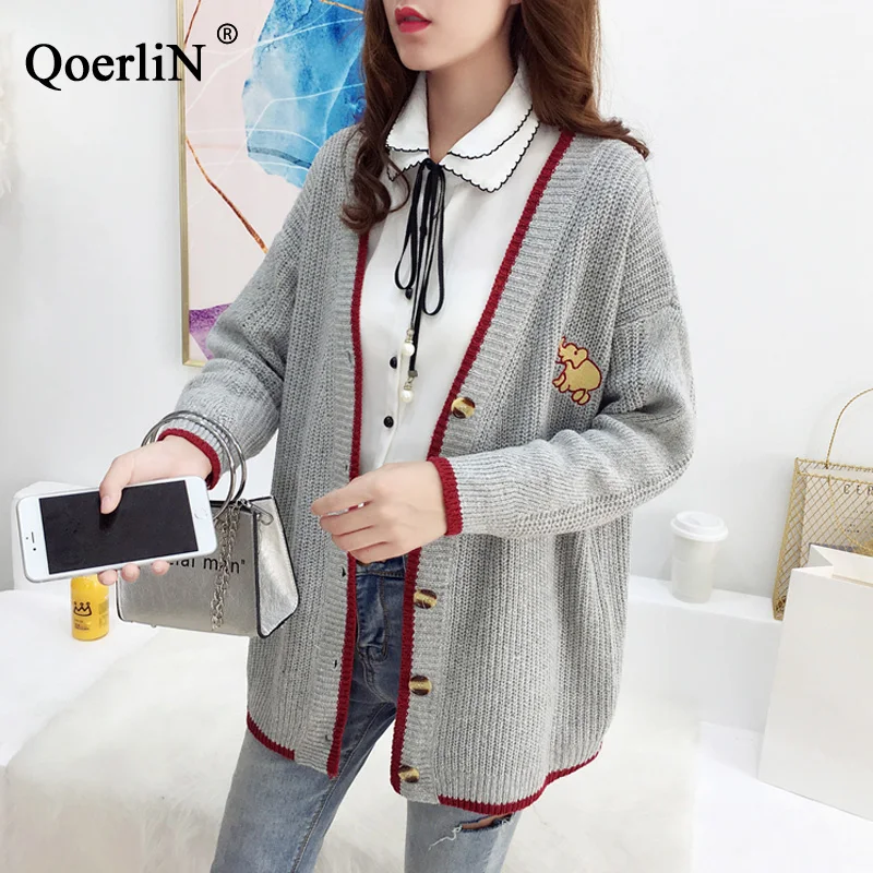 QoerliN Lazy Style Cardigans Women Sweater Student Chic Long Sleeve Jumper Single-Breasted Button Girls Gray Knitted Jacket Coat |