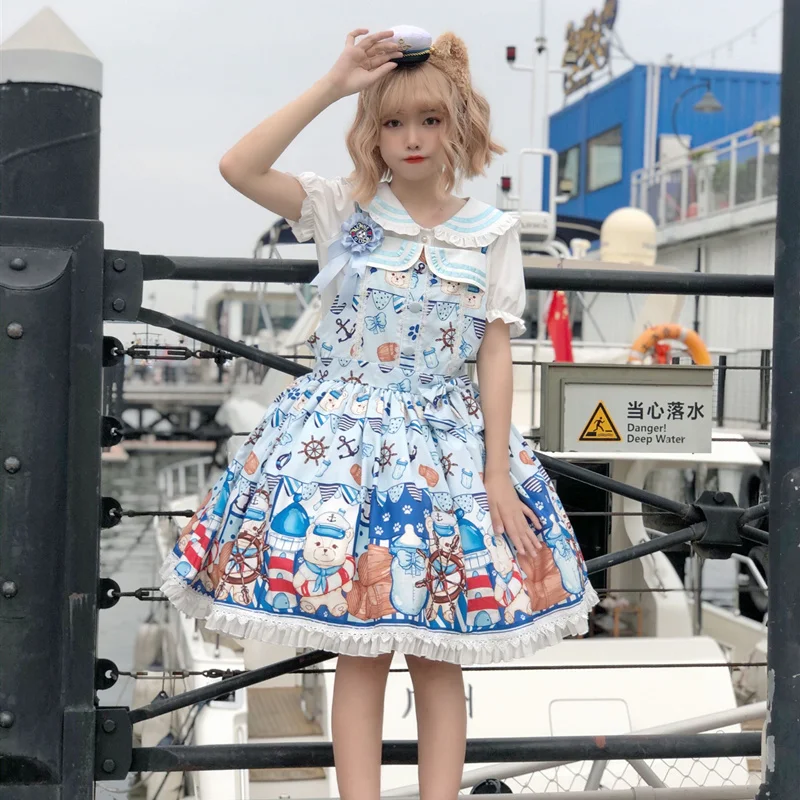 

Blue Lolita Jsk Sweet Cartoon Print Princess Dress Women Cute Summer Party Strap Dresses Girly Harajuku Kawaii Mini Vestidos