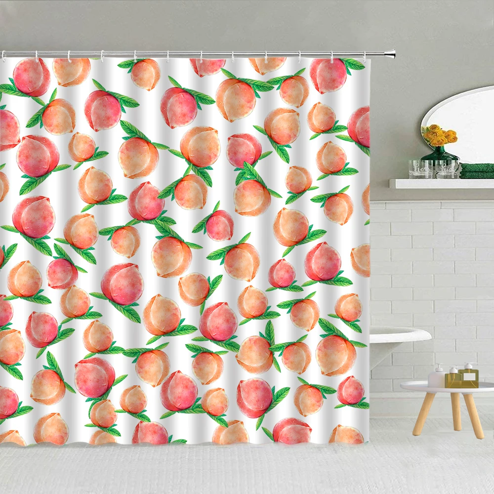 

Fresh Summer Fruit Pink Peach Orange Pineapple Shower Curtain Polyester Fabric High Quality With Hooks Bath Screen Bathtub Decor