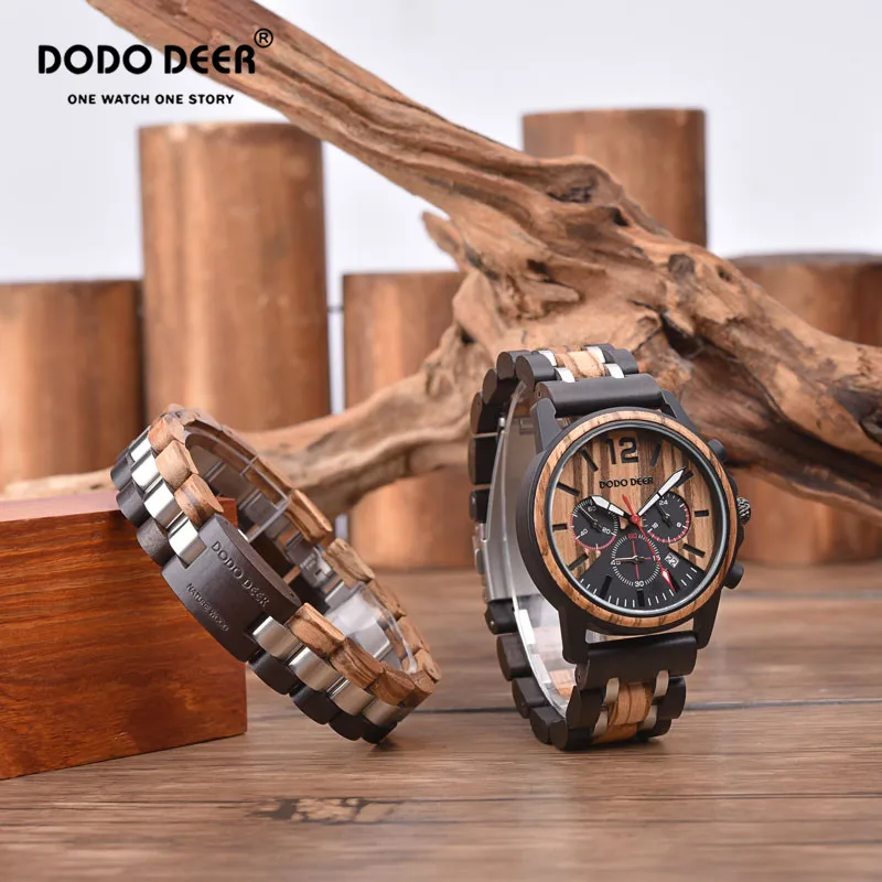 Часы наручные DODO мужские с деревянным браслетом многофункциональные деловые