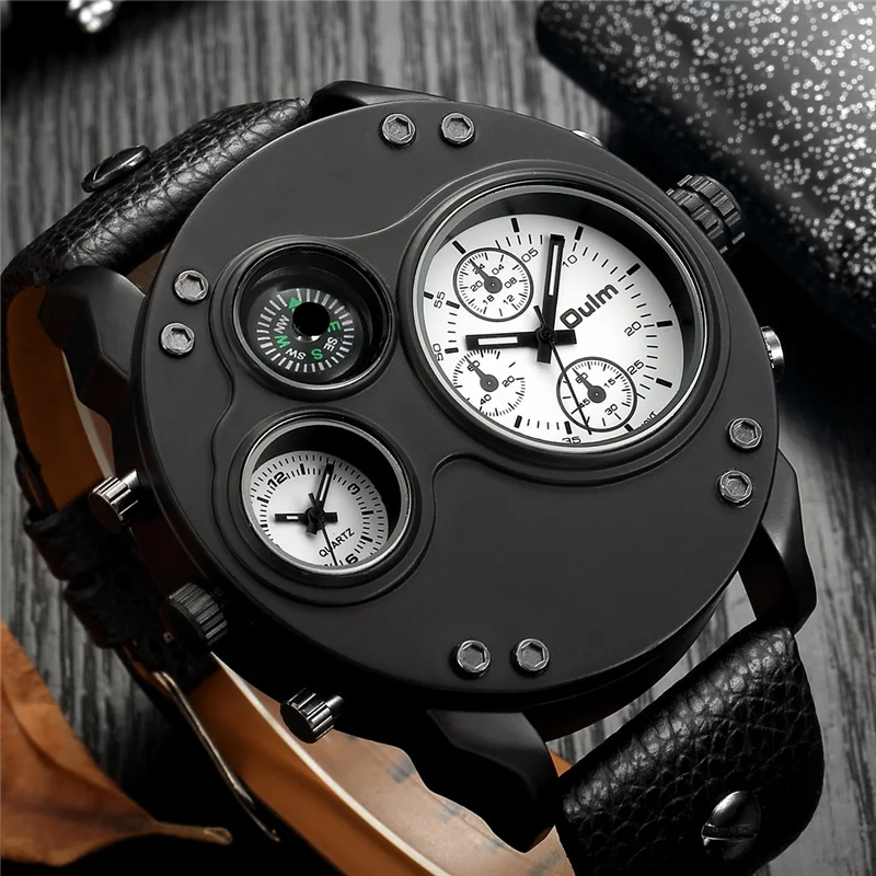 

2020 Oulm Sport Watch Men Big Dial Watches Two Time Zone Quartz Wristwatches Decorative Compass Watch Leather relogio masculino