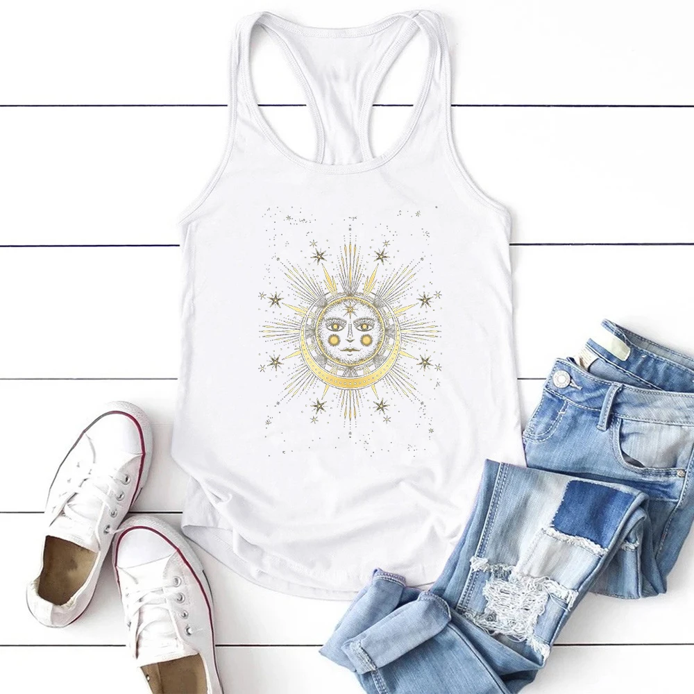 FREE SHIPPING Women Crochet Tank Tops Sun And Moon Printed JKP4743